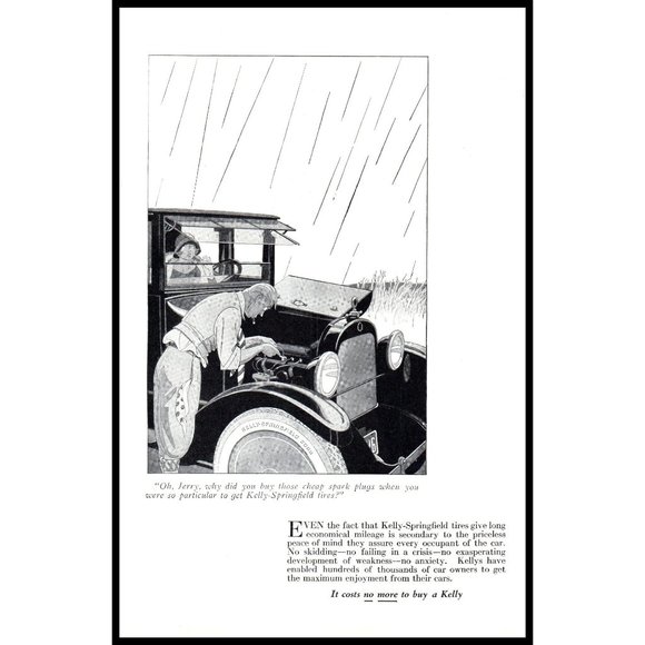 1924 Kelly Springfield Tires Vintage Print Ad Antique Car Rain Repair Wall Art - Picture 1 of 1